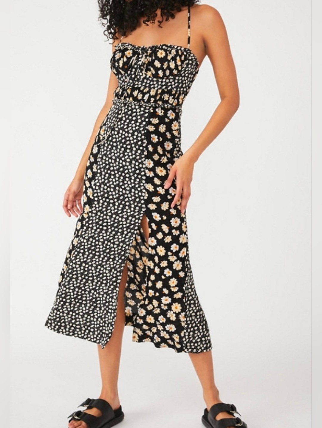 Free People Black Floral Daisey Midi Dress With Side Slit And Smocked Bodice Xs